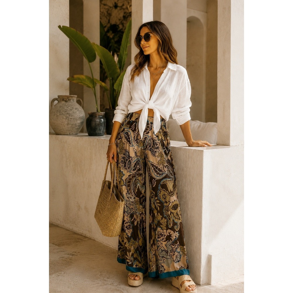 Umgee NWT Boho Floral Wide Leg Satin Pants Teal Brown Size Medium Pockets